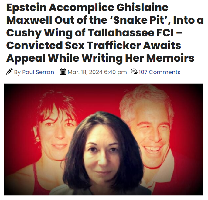 Look who's name is popping back up in the news.  👀
______________
Epstein Accomplice #GhislaineMaxwell Out of the ‘Snake Pit’, Into a Cushy Wing of Tallahassee FCI – Convicted Sex Trafficker Awaits Appeal While Writing Her Memoirs

h/t @paul_serran