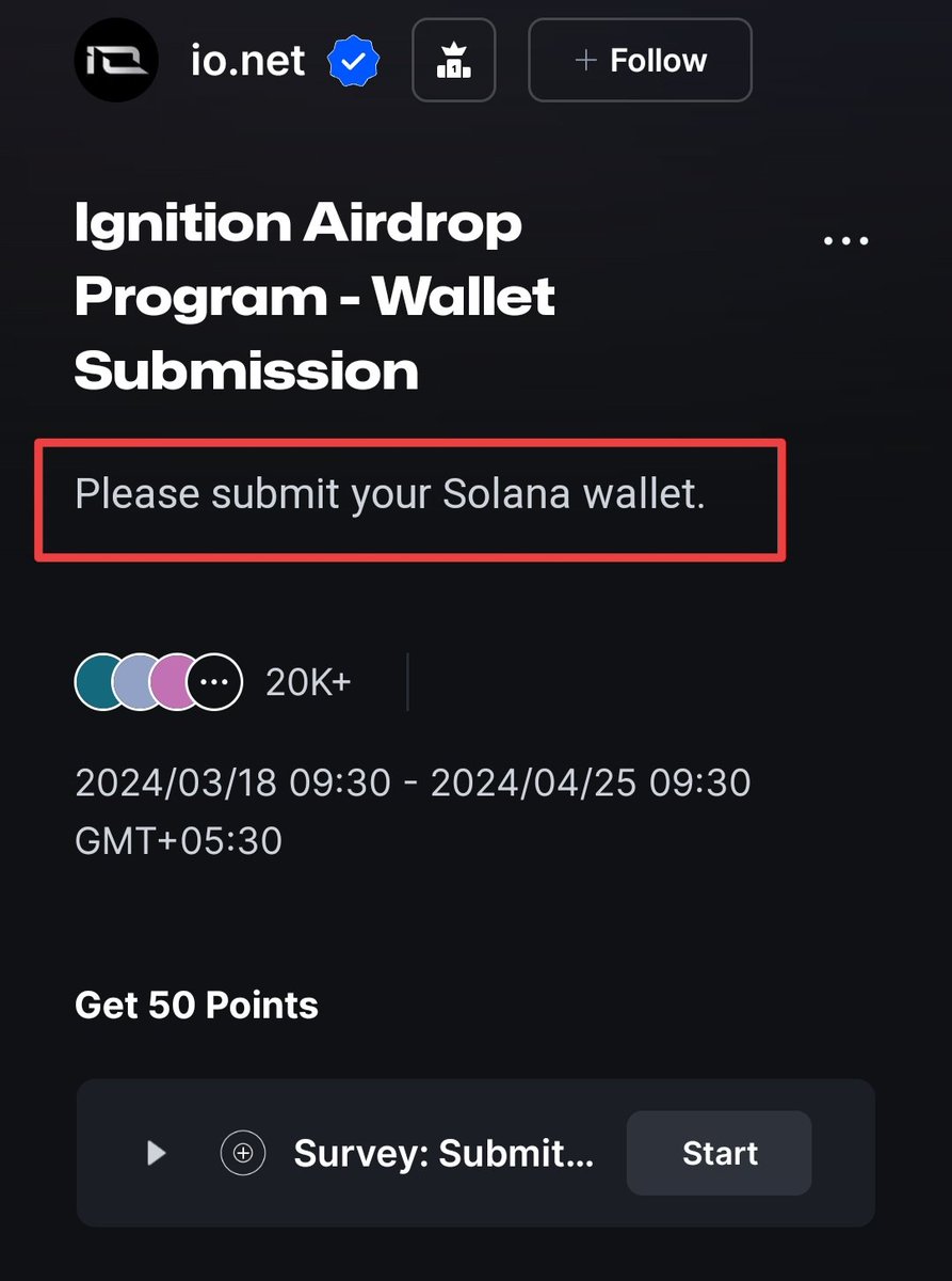 🚨Important update <a href="/ionet_official/">io.net (old account)</a> Airdrop

📝Wallet submission task live
✅If u followed my guide &amp; completed task, submit your wallet now
🔗galxe.com/io.net/campaig…
📝Submit Solana address

🪂Airdrop will be credited to this wallet

💰$30M funding

🤔New? Join now👇

💙Like
🔁RT