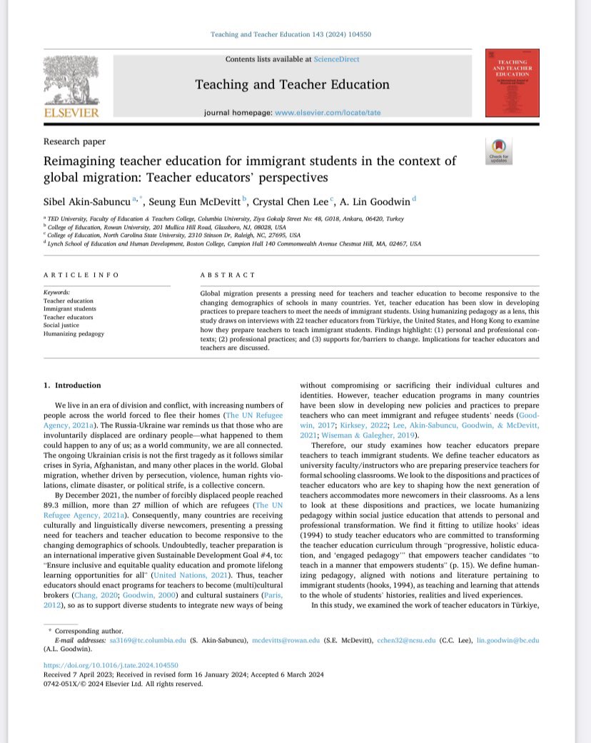 Excited to share our article that was a labor of love! @algoodwin_TC @SunnyMcdevitt “Reimagining teacher education for immigrant students in the context of global migration: Teacher educators’ perspectives” in TATE. Free copies here! authors.elsevier.com/c/1inIl,Gtqw3d…