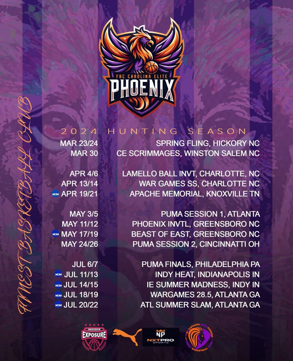 Summer schedule with FBC Carolina Elite Phoenix. @DelaneyRudd4 @Quint_Lewis @InsiderExposure @PGH_NC @coachkent02 @HeatherMacy2FTN