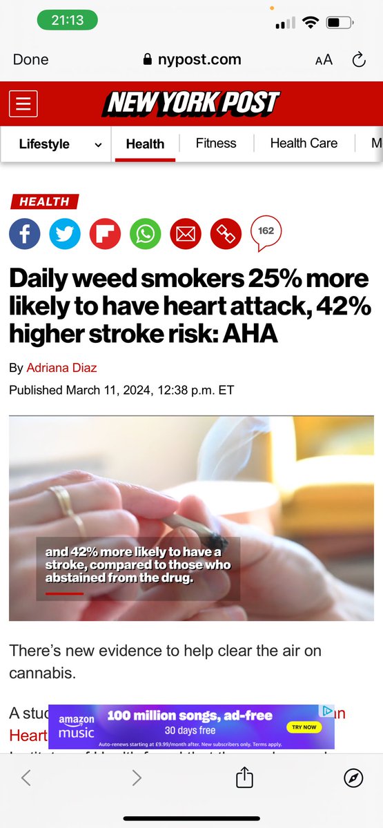 OurFavOnlineDoc's tweet photo. JUST NOW:
A new American research published in the most prestigious medical journal in USA has now found evidence that people who smoke weed have a 25% increased risk of a heart attack; and if you smoke weed on a daily basis, you have a 42% increased risk of having a stroke.

Essentially, if you smoke weed everyday, you have a high chance of a stroke and a heart attack.

The study has now being published in the Journal of the American Heart Association and funded by the National Institutes of Health in the USA which found that those who smoke weed daily are at a significantly higher risk of suffering heart attack and stroke than those who don’t. https://t.co/Wtou5KYOe0

Researchers analyzed data gotten from the Centers for Disease Control and Prevention. About 434,104 American adults aged 18 to 74 between 2016 and 2020 were part of the study.

Around 4% of them were daily cannabis users, 7% used the drug about five days a month and 88.9% had not used any marijuana in the past 30 days.

The research showed that people who smoke weed were 25% more likely to have a heart attack than people who don’t use weed at all. 

The research also found that those who smoke weed daily increase their chances of having a stroke by a huge 42%.

“We know that toxins are released when cannabis is burned, similar to those found in tobacco smoke,” said Abra Jeffers, a data analyst at Massachusetts General Hospital in Boston and former researcher at the Center for Tobacco Control Research and Education at the University of California, San Francisco, where the study was based.

Essentially what they found is that SMOKING the weed actually releases toxins (which are similar to smoking cigarettes) that can cause heart disease, heart attack, stroke and sudden death. It is the smoking per se that causes the problem.

The likelihood of experiencing a cardiovascular condition was far much lower for non-daily users but still higher than for those who did not use weed or marijuana at all. Those who used weed once in a while had a 3% increased risk for heart attack and a 5% increase for stroke compared to people who don’t smoke or use weed at all.

Heart disease is the leading cause of death for both men and women in the United States killing 1 in every 5 people who die. So the research was done to help reduce this serious problem.

Anyway in summary;
Smoking weed is dangerous and puts you at risk of stroke and heart attack. Now if you are smoking weed on a daily basis, that extremely increases your risk of a stroke and heart attack by almost 8times.

Pls share. Pls repost.
Help save someone’s life.
It only takes 2seconds to retweet.