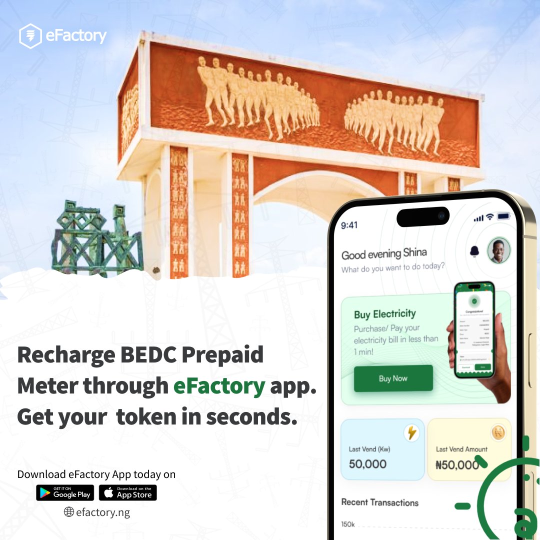 electFactory's tweet image. Recharge BEDC Prepaid Meter through eFactory app. Get your  token in seconds.

Get started: efactory.ng/buy-electricit…

#bedc #electricitypayment #efactory