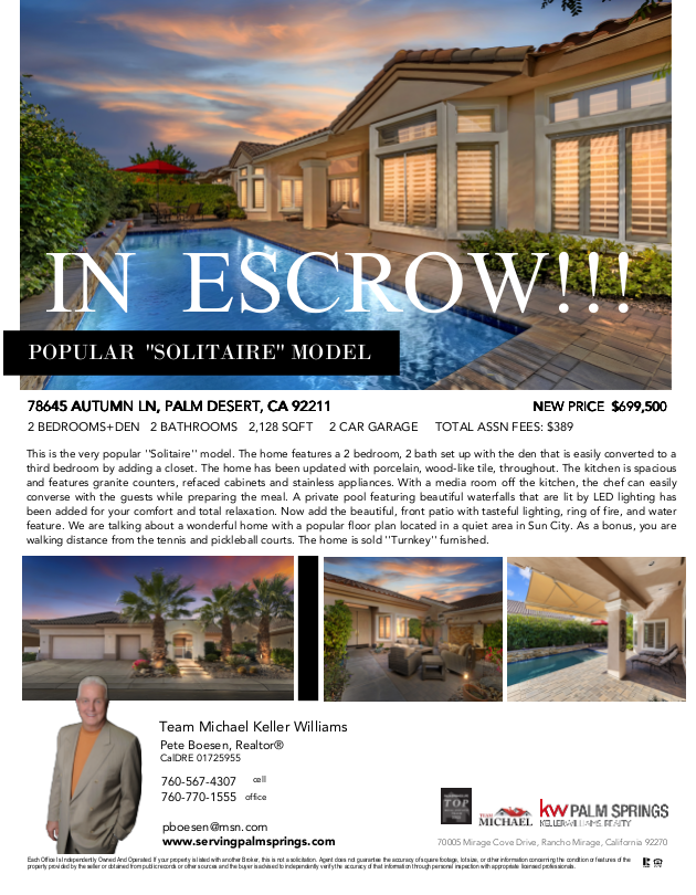 TeamMichaelKW's tweet photo. In escrow! 🏡✨ 
Seeking similar success? Let's make it happen – contact Pete now! 
Pete Boesen | REALTOR® | 760-567-4307 | pboesen@msn.com https://t.co/sWzttvDwNg
