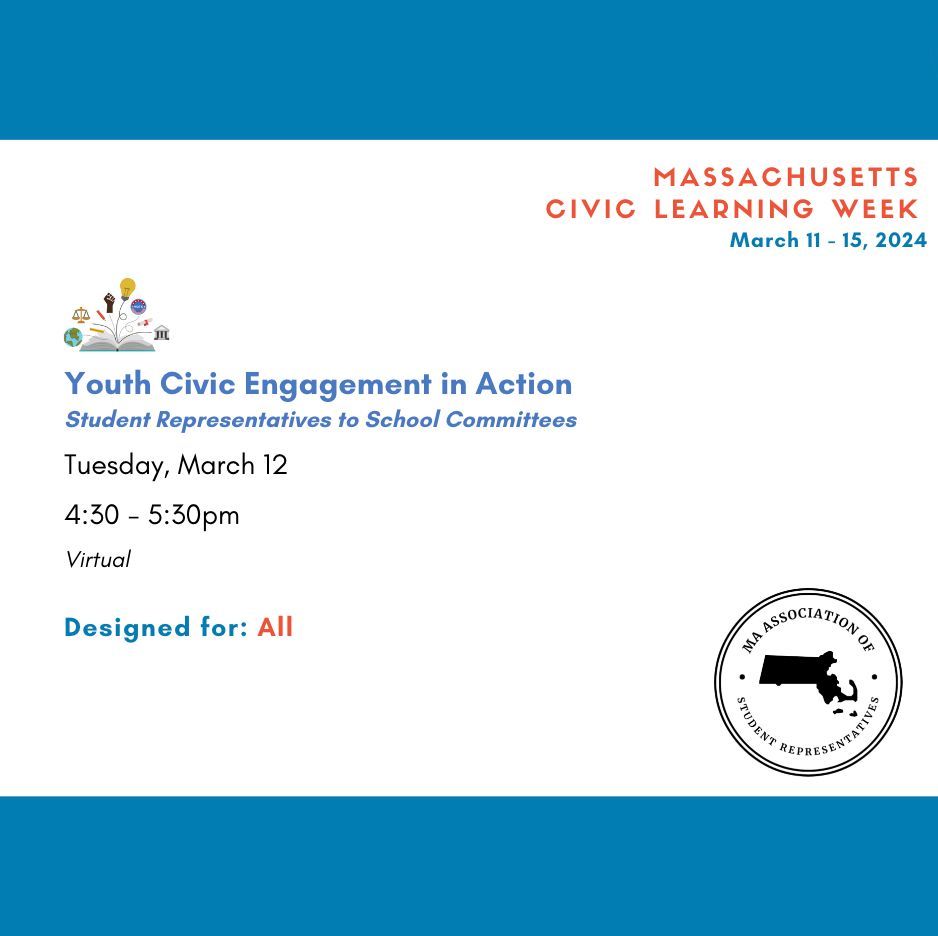 Amazing first day of #CivicLearningWeek! Can't wait for tomorrow (3/12): 11am: From Civics to Career Readiness (grades 6-12 + educators) 4:30pm: Youth Civic Engagement in Action (all audiences) Join us! buff.ly/49aF8O6 @generationcitizen @mastudentreps