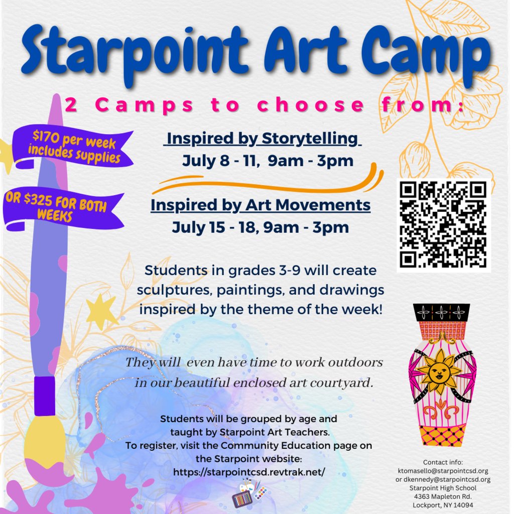 Summer Art Camp for Students in Grades 3-9.