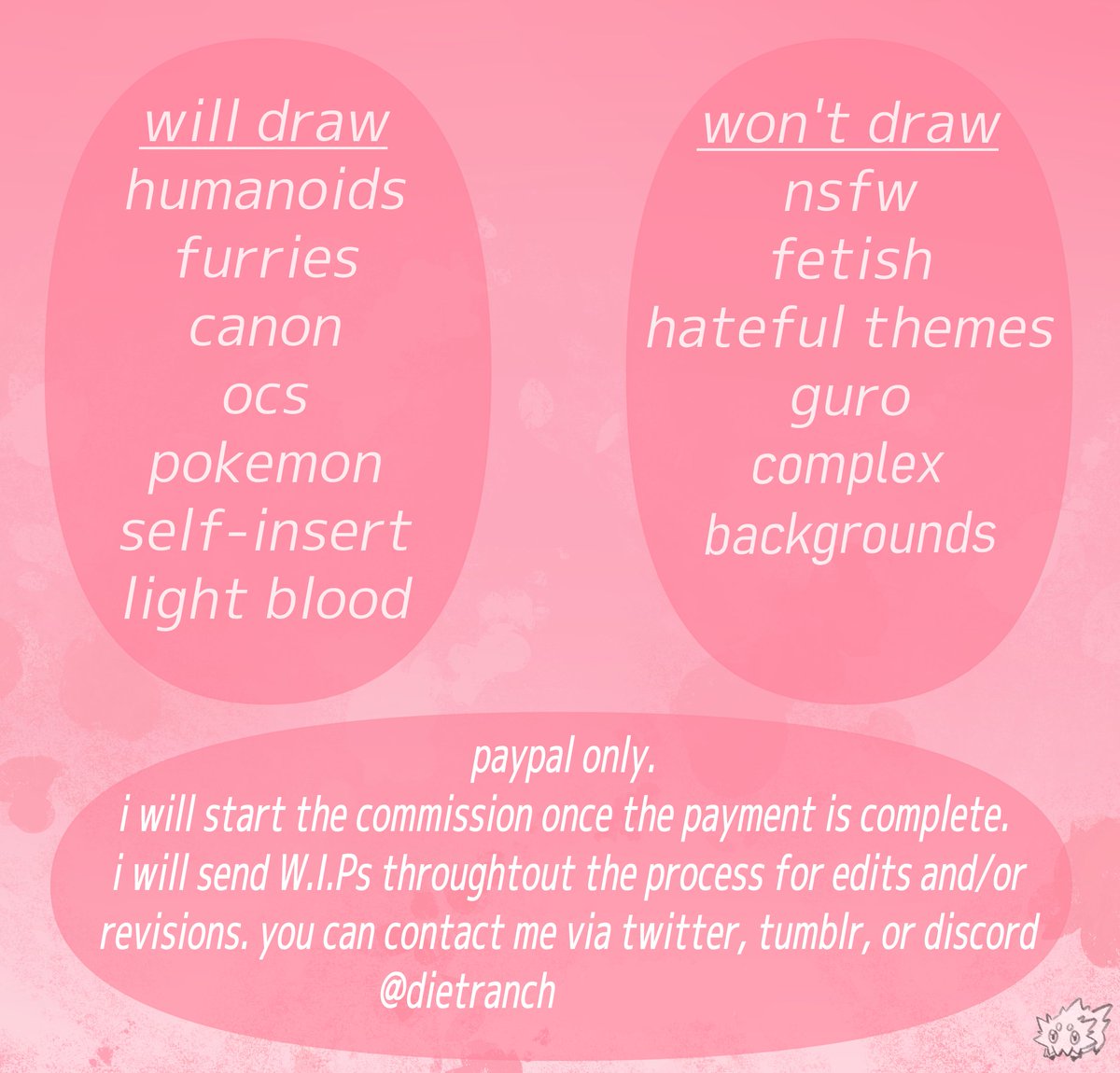hi everyone!! im opening 5 commission slots if anyone is interested. please dm me if u are interested!! (ignore that i reused my old com sheet) ill post more samples of my art below 👇