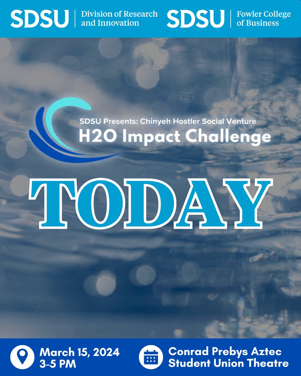 TODAY‼️ The Chinyeh Hostler Social Venture: H2O Impact Challenge! 💧

Join us to watch ten startups from five universities/colleges compete for $40k in prizes with their innovative solutions to pressing water-related challenges. RSVP now!