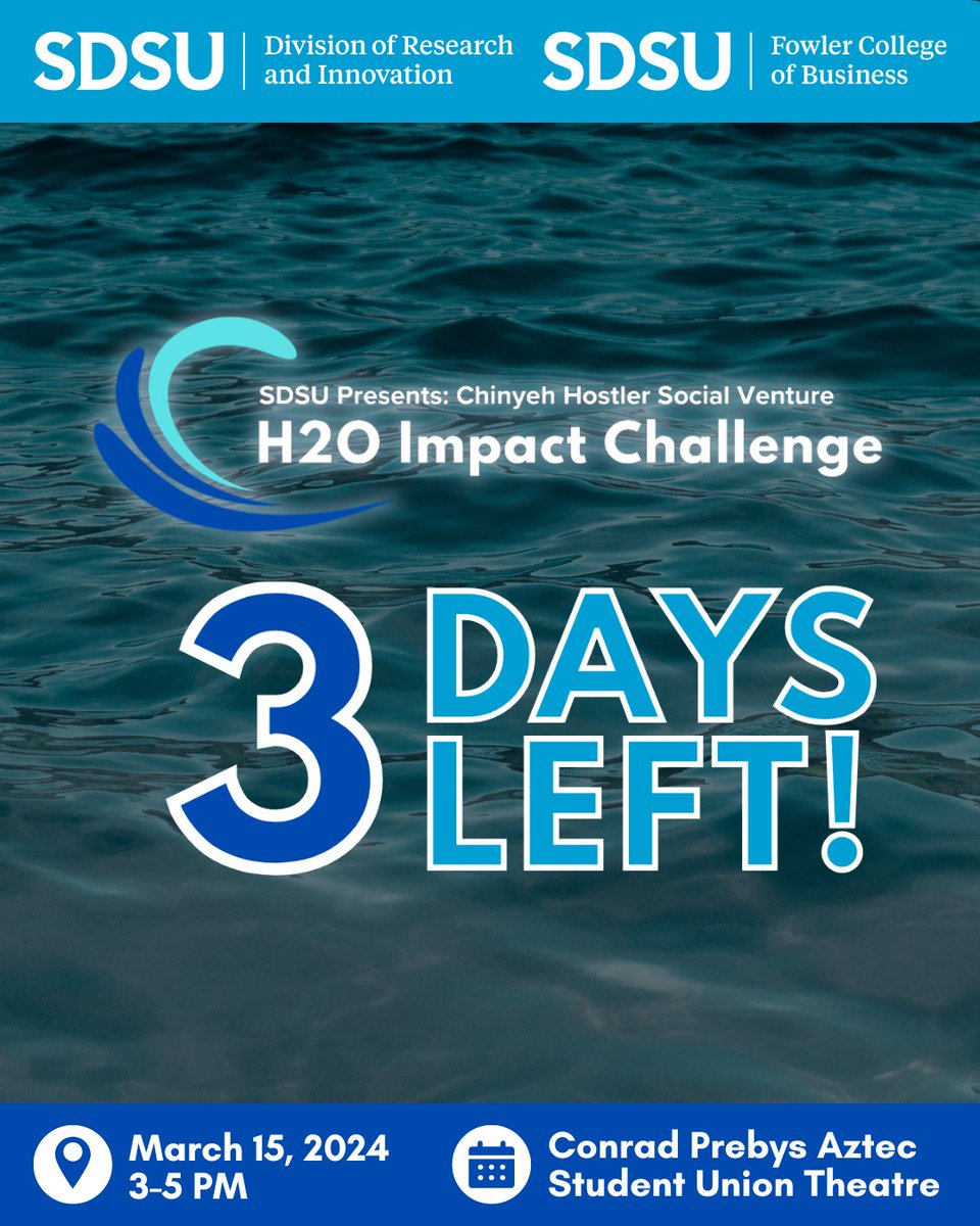 3 DAYS LEFT until the Chinyeh Hostler Social Venture: H2O Impact Challenge! 💧

Join us to watch ten startups from five universities/colleges compete for $40k in prizes with their innovative solutions to pressing water-related challenges. RSVP now!