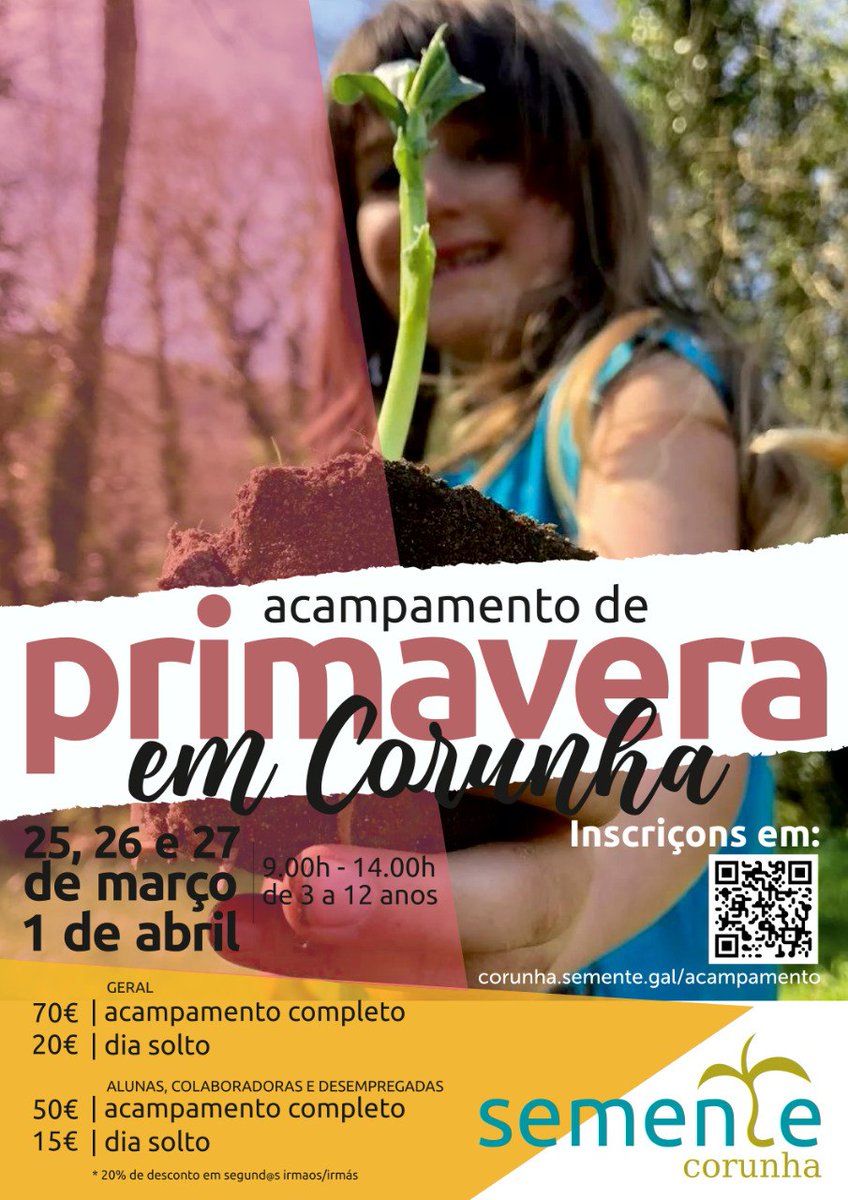 Anunciamos o acampamento de primavera da Semente Corunha, que este ano terá lugar os dias 25, 26 e 27 de março e o 1 de abril. Inscreve já em corunha.semente.gal/acampamento/