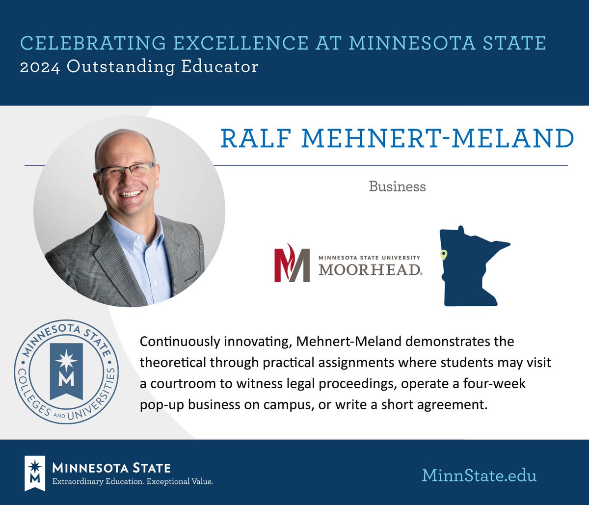 Ralf Mehnert-Meland from @MSUMoorhead was named as an Outstanding Educator at the 2024 Board of Trustees Awards. Congratulations! See more at MinnState.edu/BOTawards. #MinnStateBOTawards