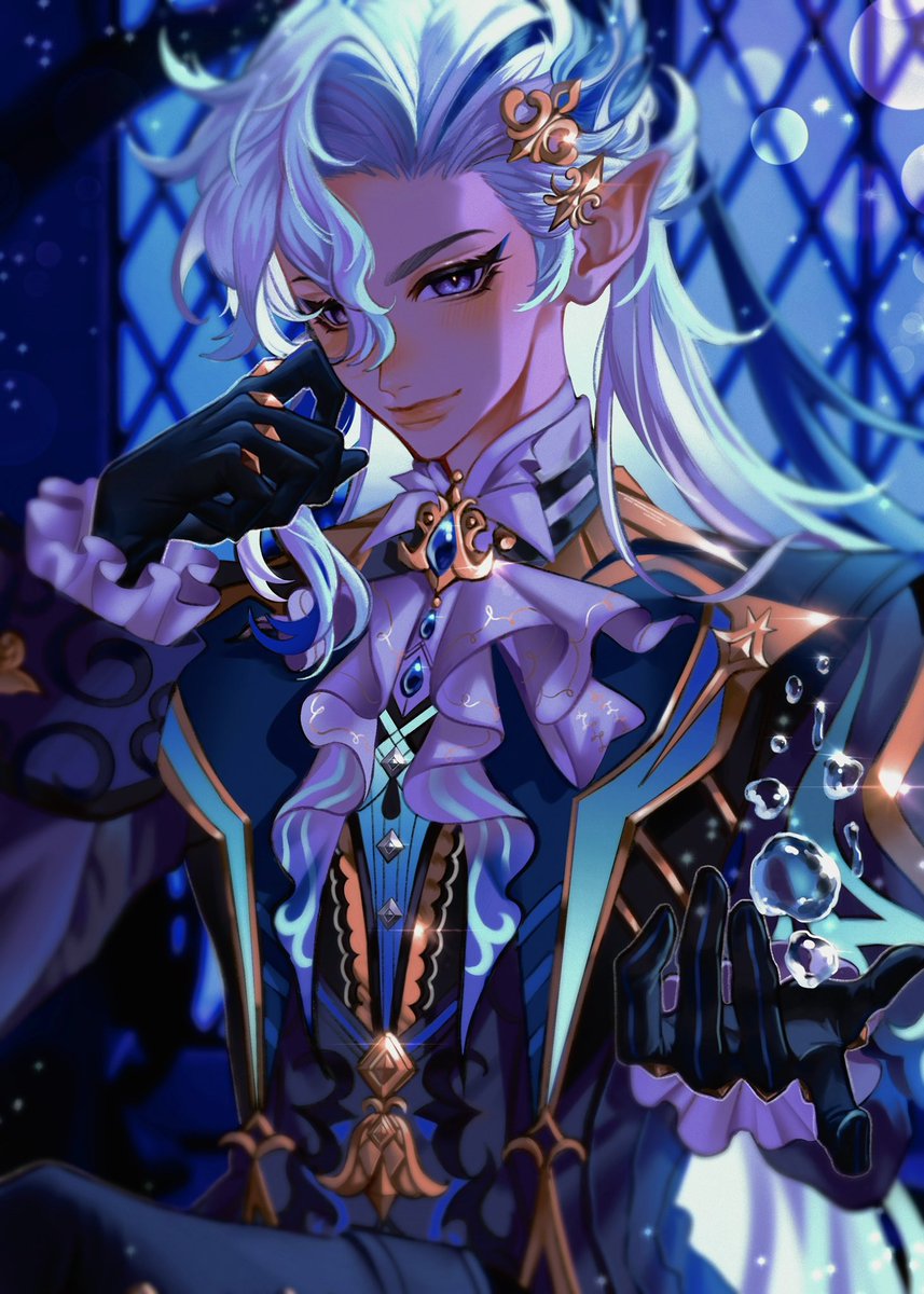 neuvillette (genshin impact) 1boy male focus gloves long hair solo pointy ears looking at viewer  illustration images