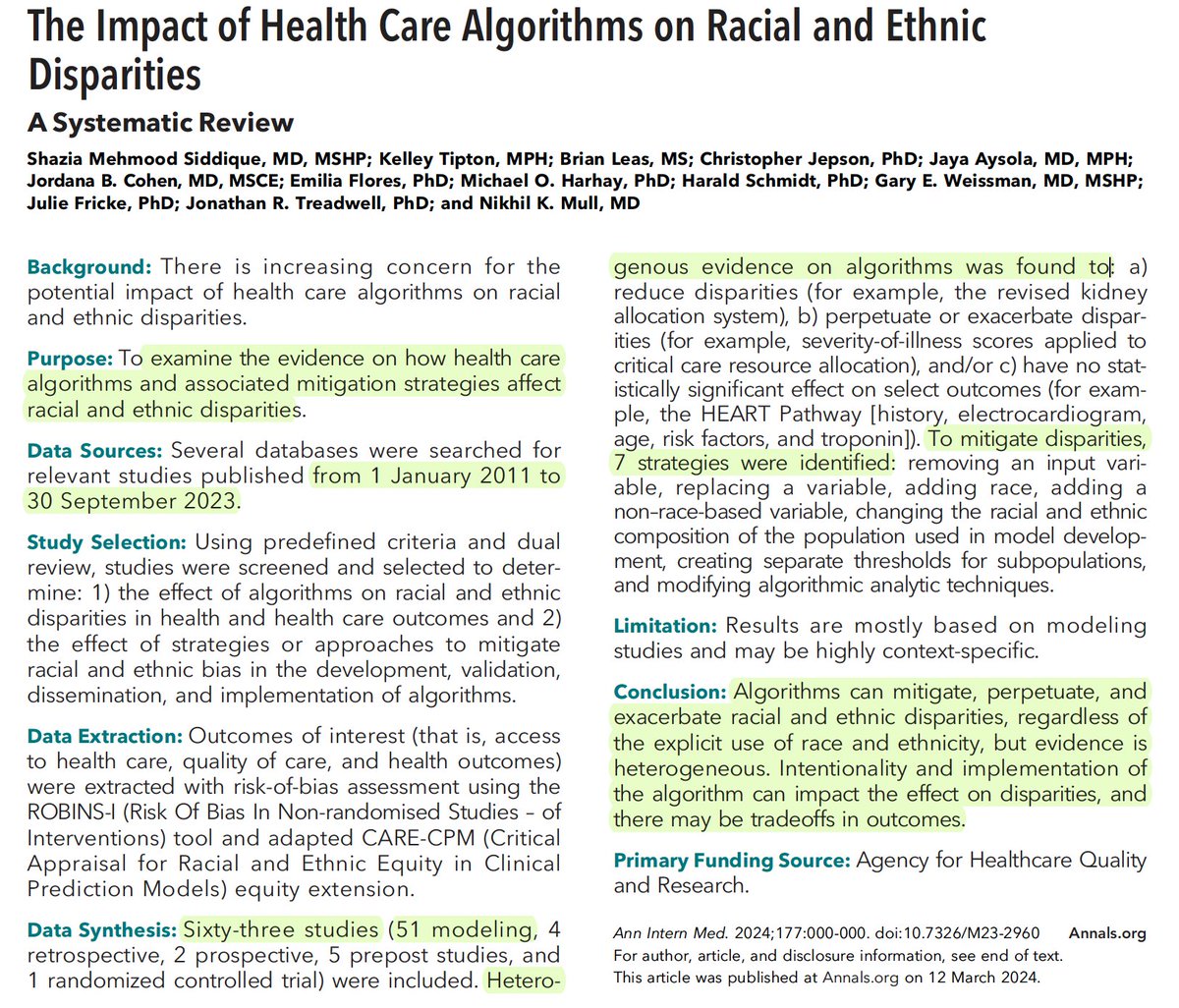 A systematic review of 65 health care algorithms (51 were simulations) over the past 12 years highlights their potential to with mitigate or exacerbate racial and ethnic disparities acpjournals.org/doi/10.7326/M2… @ShaziaMSiddique @AnnalsofIM #AI