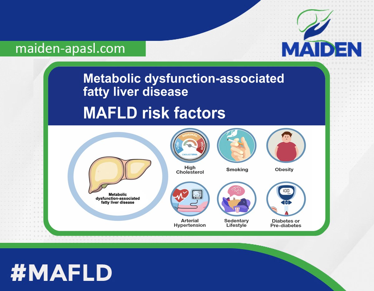 🚨Identify the #MAFLD risk factors‼️
❌ Obesity
❌ High blood pressure
❌ High cholesterol
❌ Smoking
❌ Diabetes
❌ Unhealthy diet
❌ Family history
When we understand these ⬆️ we can better assess, control and monitor liver health.
#MAIDEN #livertwitter