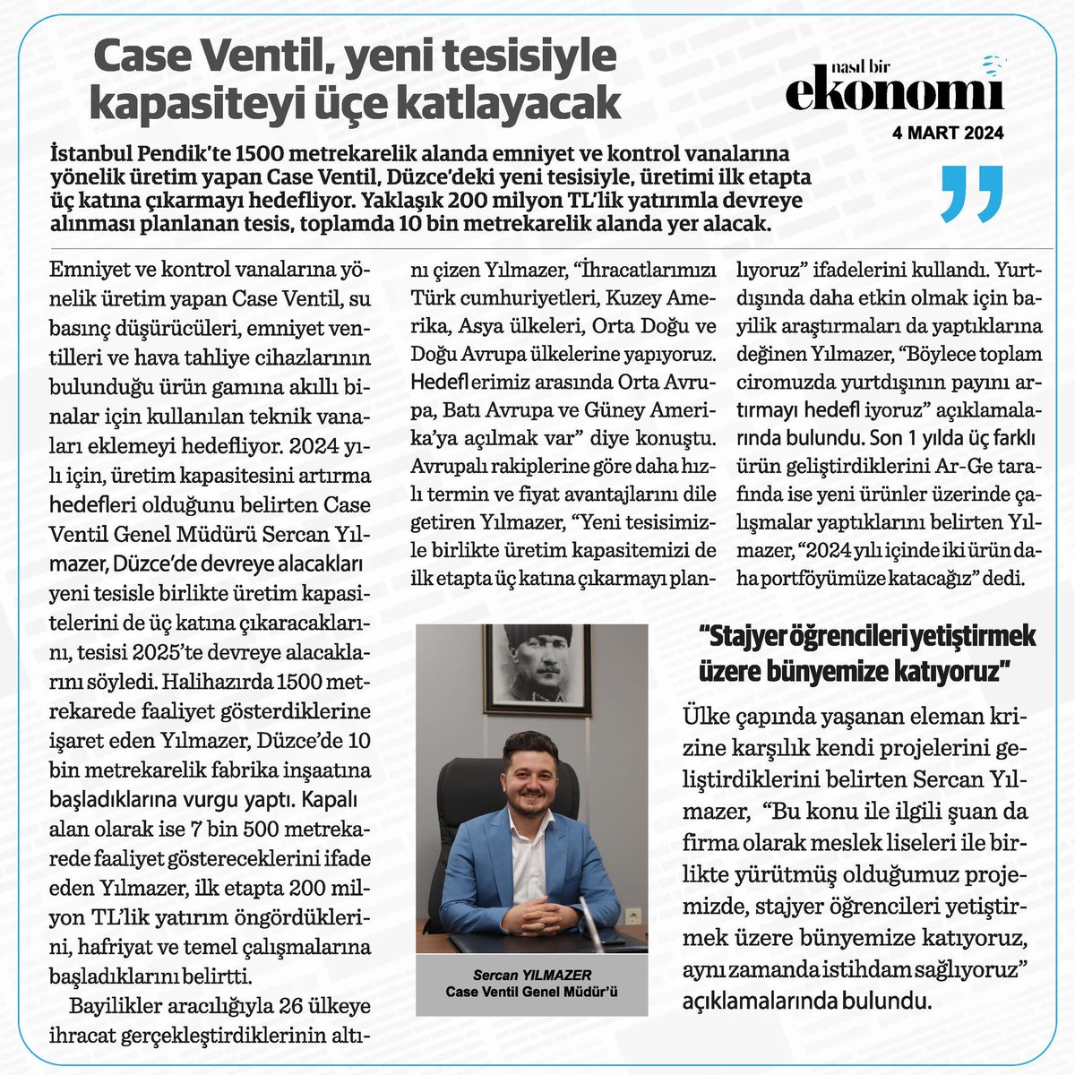 caseventil's tweet photo. Nasıl Bir Ekonomi gazetesindeki söyleşimizi Düzce’deki yeni tesisimiz üzerine gerçekleştirdik. Firmamız Genel Müdürü Sercan YILMAZER tarafından gerçekleştirilen söyleşide firmamızın gelecek planlarından bahsedildi.
#CaseVentil #Fabrika #Ekonomi #Söyleşi #Röportaj #yenitesis https://t.co/eHAYEOsTNc