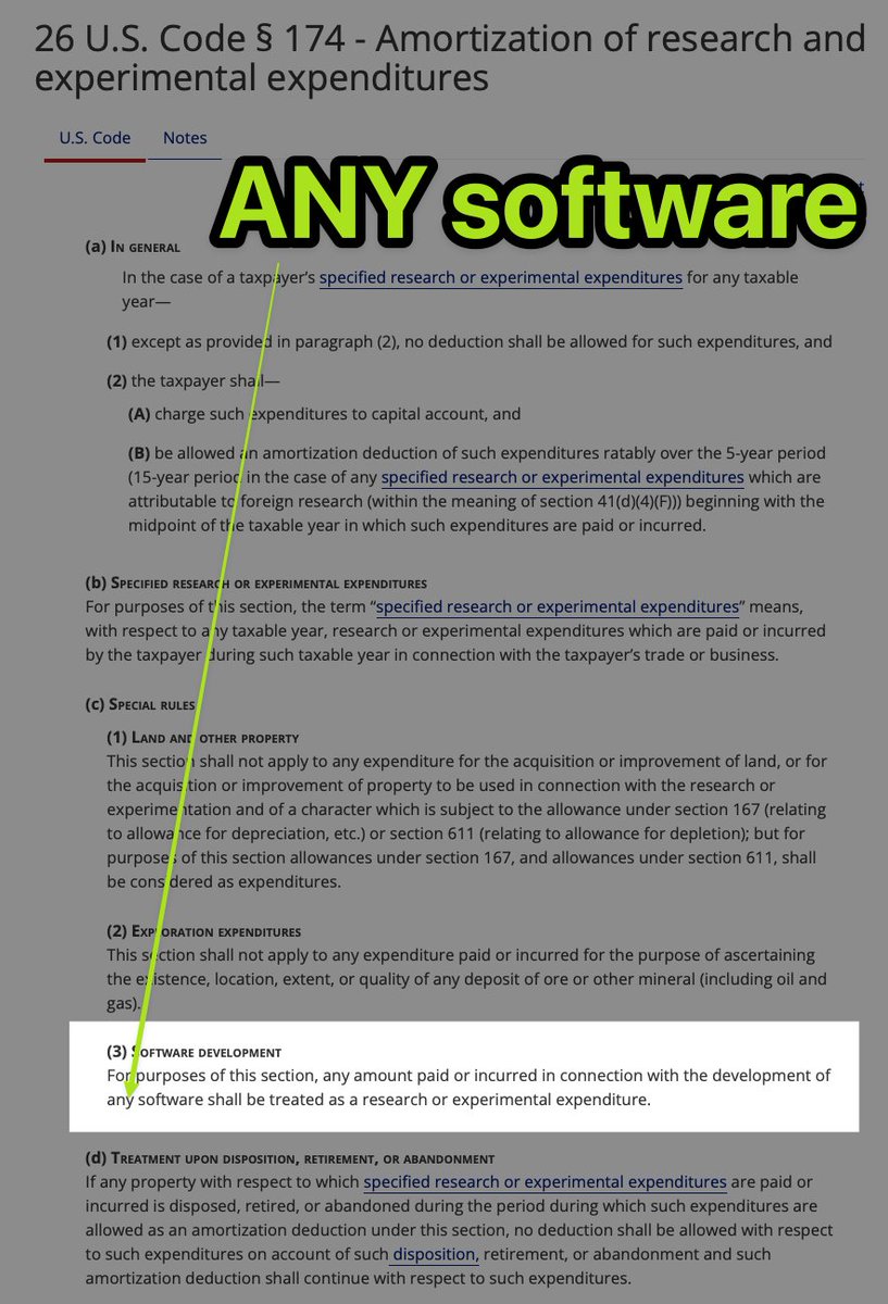jondkinney's tweet photo. If you employ ANY SOFTWARE DEVS, you are WELL AND TRULY SCREWED if H.R. 7024 doesn't pass the Senate. It passed the House by a vote of 357 to 70 with OVERWHELMING bipartisan support. The fact that @MikeCrapo, @SenThomTillis, and others are blocking it now to try to get something better for themselves in 2025 is sickening.

And no, it's not just about R&D Tax Credits. Even if you don't claim those YOU ARE IMPACTED. This law is about having to capitalize nearly your ENTIRE PAYROLL EXPENSE for ANY Software development related activity and amortize it over 5-years for domestic labor. 15-years for foreign labor!

So guess what, if you lost money, broke even, or heck were lucky and made a small profit in 2023, but you had $1M in software development related salaries...you're out of business and bankrupt. It's as simple as that. Unless you have ~$900k of profit sitting around to just throw away on bad tax policy this year, you will not survive without incurring a crazy amount of personal debt or severely dipping into your cash reserves like we did at my company last year.

Think $1M in software development related salaries and expenses is a lot? It's not. In the US, I can all but guarantee that to be a team of 10-12 people or less. But also it doesn't matter. $1M is arbitrary. If you're a very small software dev shop and broke even but paid $50k in dev salaries, you have to pay tax on 90% of that $50k of salaries, even though you already paid the salary to an employee and made no money. Sound crazy? That's because it is.

I cannot fathom how this is even a debate?!? This isn't some sort of TAX BREAK for the wealthy, that's actually what got us here in the first place. No, it's about fixing what the government already broke with the Trump era Tax Cuts and Jobs Act in 2017. When that policy went into law in 2022, it DESTROYED thousands of businesses. Mine barely survived.

If you don't think your business is impacted, you're probably WRONG. I've spoken to many agency owners who have said to me personally "We looked into the R&D tax credits but didn't think we qualified, so we never took advantage of that, luckily". But that's the thing, it doesn't matter. You're still beholden to the current definition of Research & Experimental (R&E) expenditures which is entirely different than claiming R&D Tax Credits. The definition of R&E expenditures currently states...

FOR THE PURPOSES OF THIS SECTION, ANY AMOUNT PAID OR INCURRED IN CONNECTION WITH THE DEVELOPMENT OF ANY SOFTWARE SHALL BE TREATED AS A RESEARCH OR EXPERIMENTAL EXPENDITURE. (see the attached screenshot and this link https://t.co/mGDR8RAPJ4 for more context).

And here's the IRS memo on the changes stating the same thing https://t.co/mI84sLdygl

Look, I'm just a small business owner in Wisconsin. I don't know enough people to rally the troops and make a discernible difference. But that hasn't stopped me from trying!

I've tweeted https://t.co/KOE5eplVVb

I've called my senators and spoken to their staff. I've left voicemails. I've sent emails, and signed petitions.

I've called family and friends who live in states where for some ridiculous reason their senators are opposed to passing this bill https://t.co/MaUFQtyiyA.

But my voice alone will not impact change.

If you or someone you know employs ANY software developers, please pass this along. To be honest, this is Zero Hour. There really isn't any time left. The tax filing deadline for small businesses is THIS Friday the 15th.

Without the passage of HR 7024, a TON of American small business software team will not survive the 5-year amortization window, and the huge wave of layoffs in tech will continue.
