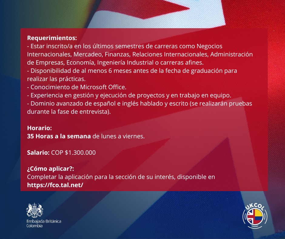 📣 ¡#TrabajoSíHay! Buscamos pasante para el Departamento de Negocios y Comercio (DBT) que apoye en labores de investigación y análisis de datos y logística, entre otras. Postúlate hasta el 16 de abril y trabaja en un ambiente internacional #UKCOL🇬🇧🇨🇴👉🏽 fco.tal.net/vx/lang-en-GB/…