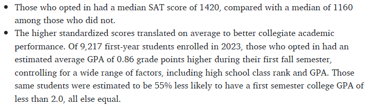 David_Blobaum's tweet photo. The data continue to accumulate that test scores help colleges admit students best equipped to succeed at a given institution. 

Key takeaways from UT Austin's decision to again require test scores: on average, students who do not submit scores have significantly lower scores and do significantly worse in college. 

@UTAustin is doing it right and putting the needs of students first; in just 10 years, its graduation rate has risen from 52% to 75%. 🎉🎉🎉🎉

#SAT #ACT

https://t.co/MMYFZKy1wy