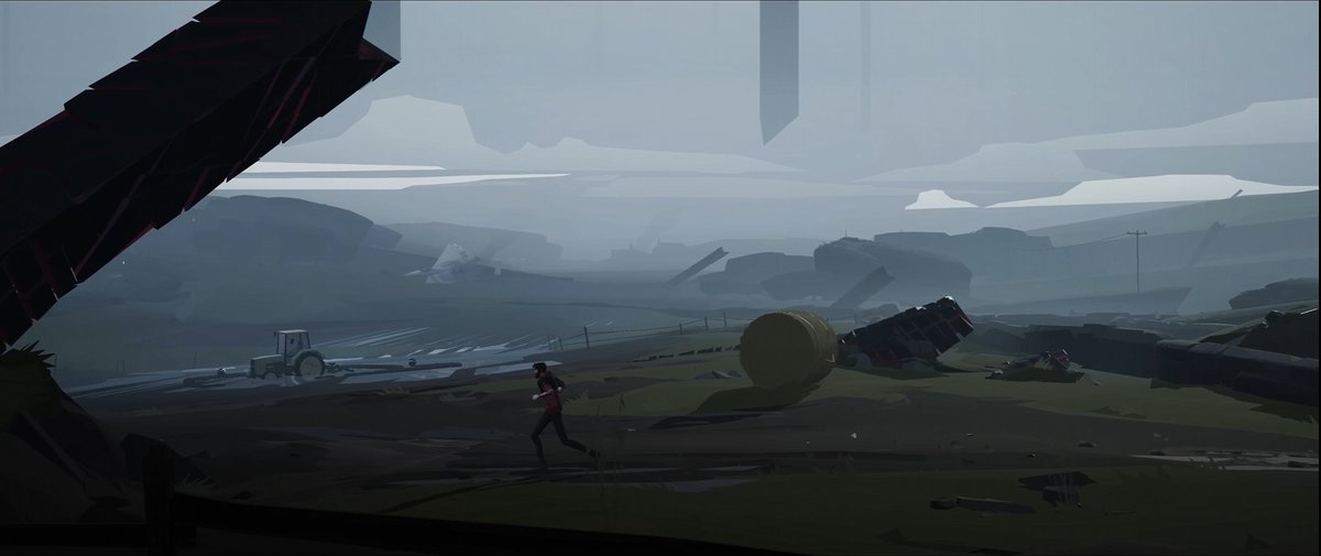 GainDeveloper's tweet photo. A short breakdown on how we did the terrain for #Somerville! Joining the project in 2020, I worked to developed a solution to efficiently match the style seen in the concept art by @_Calader. Let's take this field section found early in the first act. 1/? https://t.co/KKxTiC6PAO