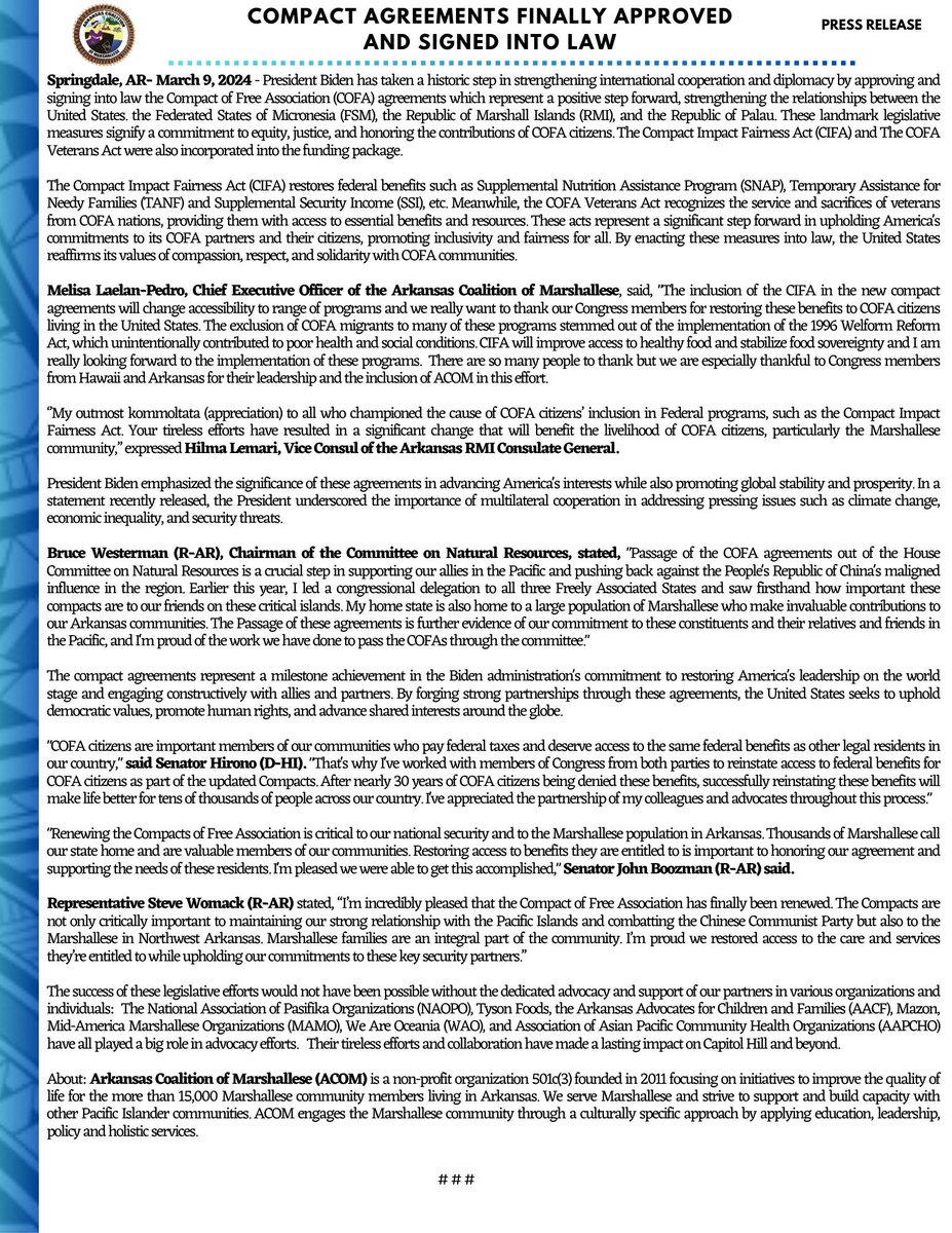ACOMarshallese's tweet photo. Compact Agreement is finally approved and signed into law. CIFA is included in the pkg and will chg accessibility to federal programs incl SNAP, which will now expand the SNAP and other programs to COFA citizens, including Marshallese. https://t.co/CqTJi87vDX