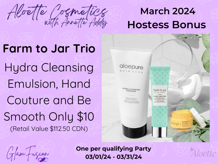 annette_addy's tweet photo. March 2024 Hostess Bonus: Farm to Jar Trio $10
Hydra Cleansing Emulsion, Hand Couture and Be Smooth (Retail Value $112.50)
book you event today @ https://t.co/vnh34mlqhZ
#aloette #embraceyourbeauty #authenticallyannette #GlamFusion #organicaloevera #aloeganicaloevera #farmtojar https://t.co/0cNdKRkK2X
