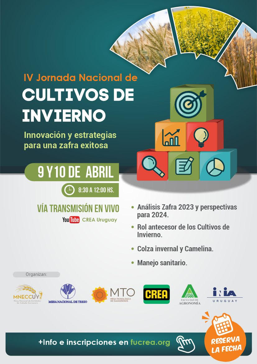 Se viene la IV Jornada Nacional de Cultivos de Invierno junto a <a href="/FUCREA/">CREA Uruguay</a> <a href="/MesaCebada/">MNECC</a> @MesaTrigo <a href="/INIA_UY/">INIA URUGUAY</a> <a href="/FagroUdelar/">Facultad Agronomía</a>                                              
Reserva tu agenda para el 9 y 10 de abril. Ya podés inscribirte aquí: fucrea.org/noticias/jorna…

¡Te esperamos!