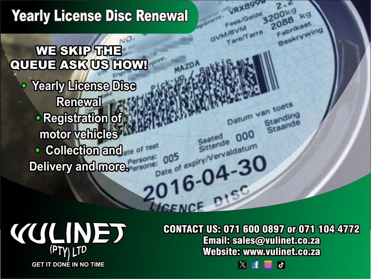 vulinet's tweet photo. VULINET (Pty) Ltd- Don't let your Car License Disc Expire!! We skip the queue ask us how. Let us renew your car license disc for you.
Call NOW! 0716000897 or 0711044772
Email us on sales@vulinet.co.za
https://t.co/kvzBbkx0SF
https://t.co/jTijjWTsC2
#CarOwnership #Q4U #Queing https://t.co/6sxsiHYbGL