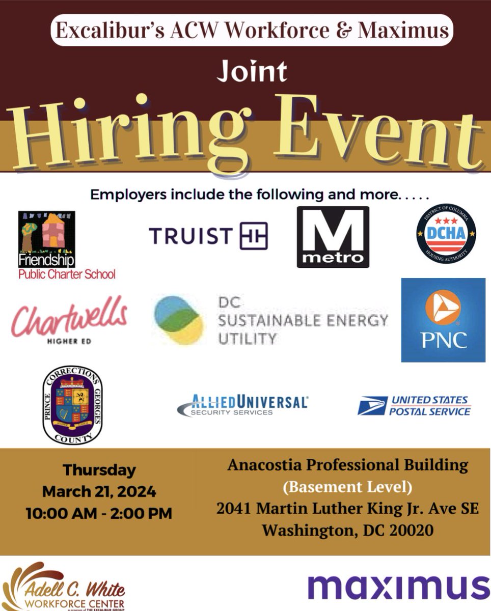 I'm grateful to partner with Maximus in the effort to provide DC residents with employment opportunities. Folks will have the opportunity to get their next job on the spot! Evidence prove that a healthy workforce is the number 1 way to keep our communities safe. Spread the word!