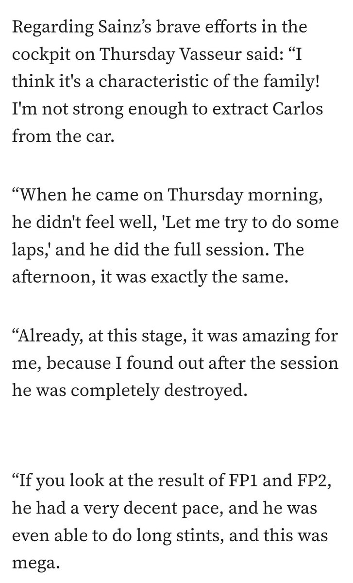 "When he came on Thursday morning, he didn't feel well, 'Let me try to do some laps,' and he did the full session. The afternoon, it was exactly the same. 

My driver ❤️