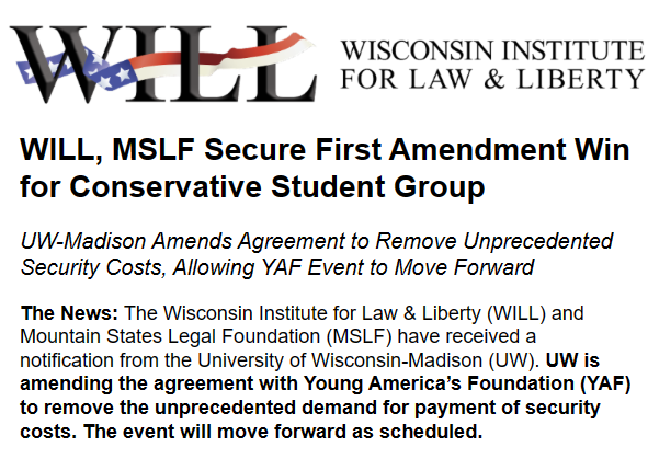 ⚔️Victory for Free Speech!⚔️ The event w/ @realDailyWire's @michaeljknowles at UW-Madison is back on! Wed., March 13. Tickets still available online. We @WILawLiberty were proud to represent @yaf @_YAFreedom alongside @MSLF - 100% pro bono as always.