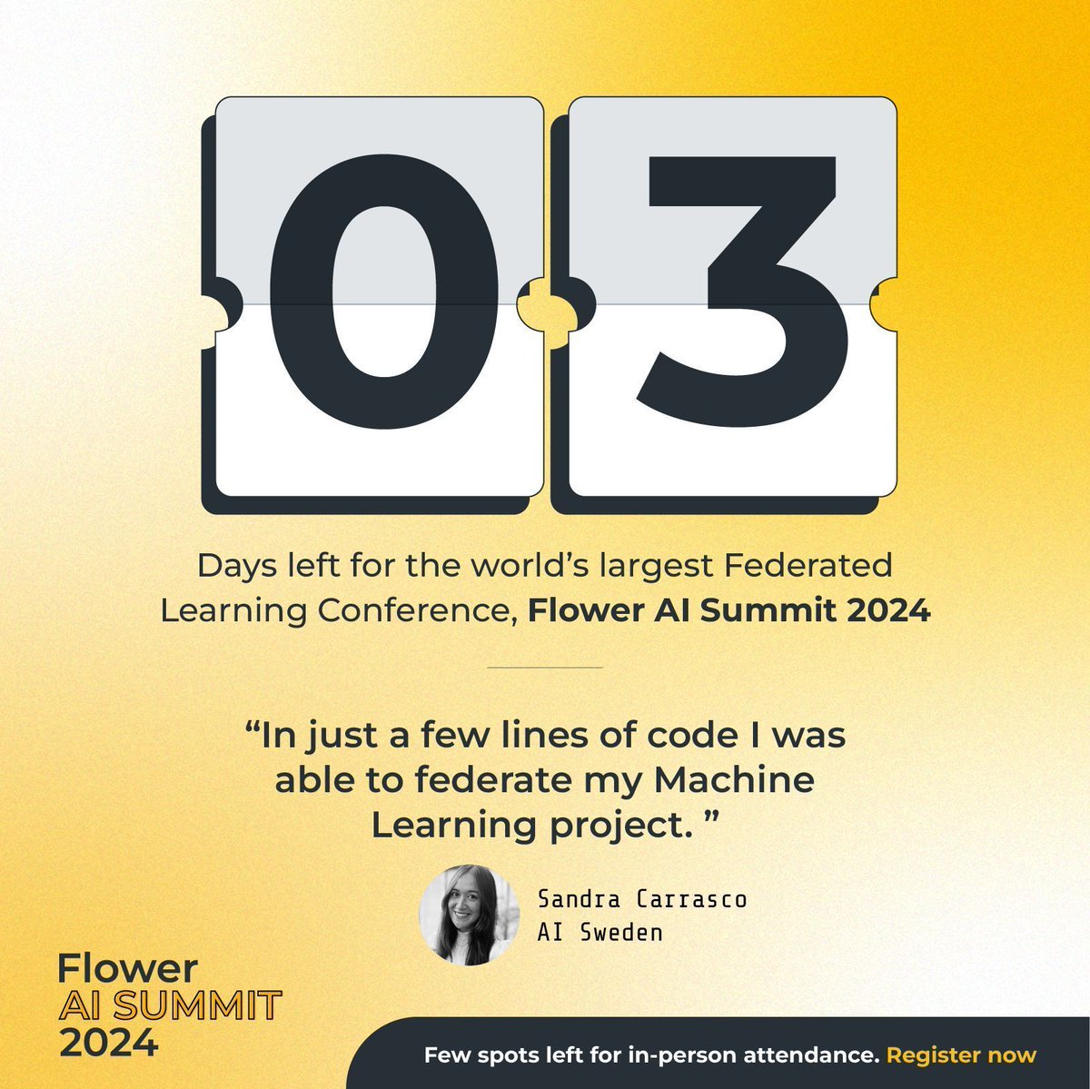 🤩 Only 3️⃣ days until the world's largest federated learning conference 📈 kicks off -- the Flower AI Summit 2024 (FS24) 🚀 🔒 Secure your free in-person or virtual ticket now at: buff.ly/3HdKOKB 📋 See details here: buff.ly/3SCmXtC