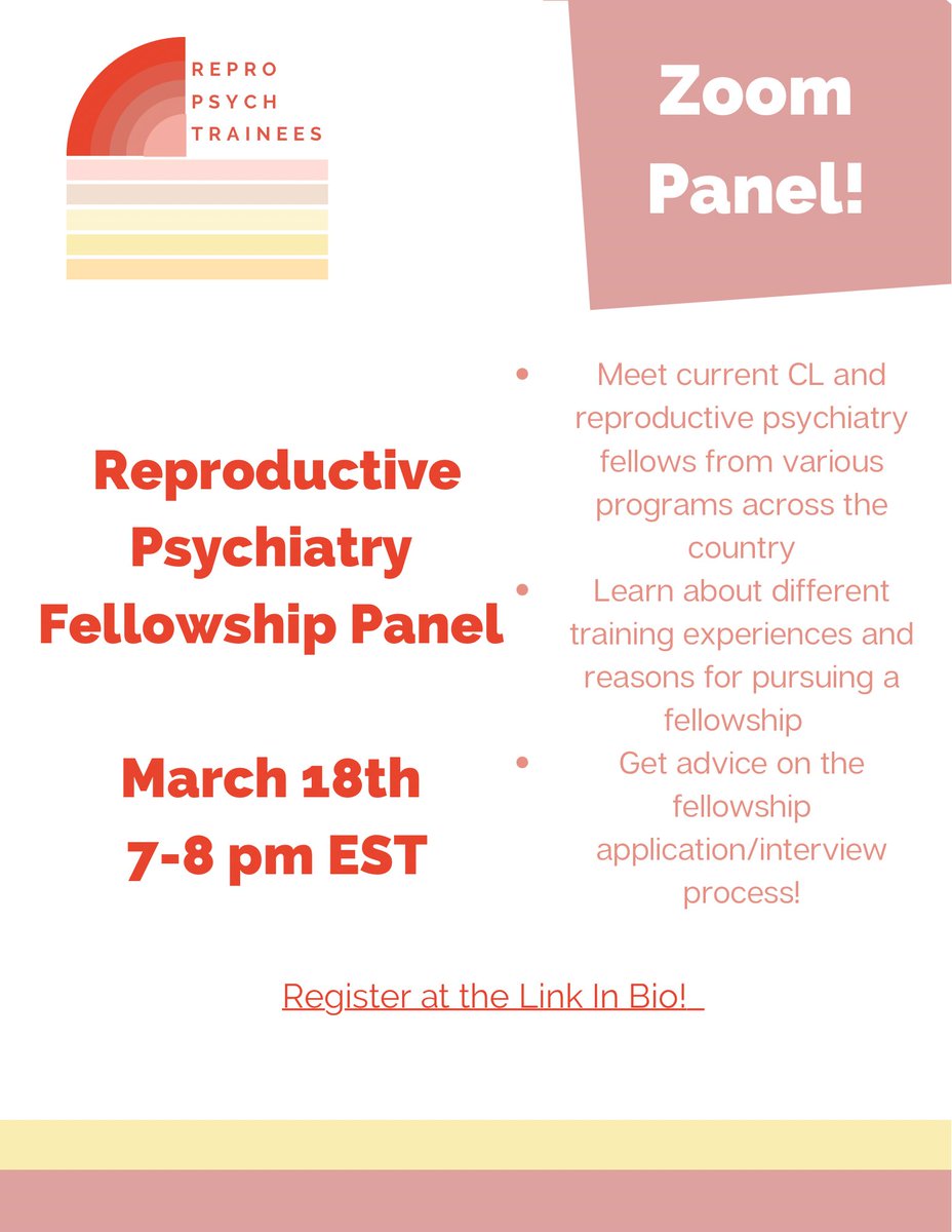 Repro_psych's tweet photo. Thinking about pursuing a fellowship in reproductive psychiatry? Come join us for an informal panelist discussion with current fellows on Monday, March 18th at 7 PM EST to learn more! https://t.co/smaQAajFdy