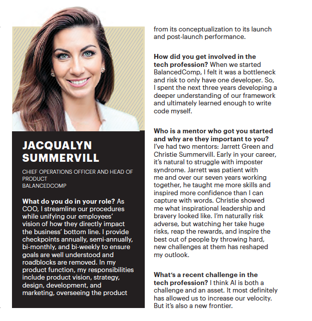BalancedComp's tweet image. 📸 Our very own COO, Jacqualyn Summervill, is making headlines! @ICTBizJournal recently recognized Jackie as a 2024 WBJ Young Professional in Technology.

Way to go, Jackie - We’re proud of your leadership, dedication, and all of your accomplishments!