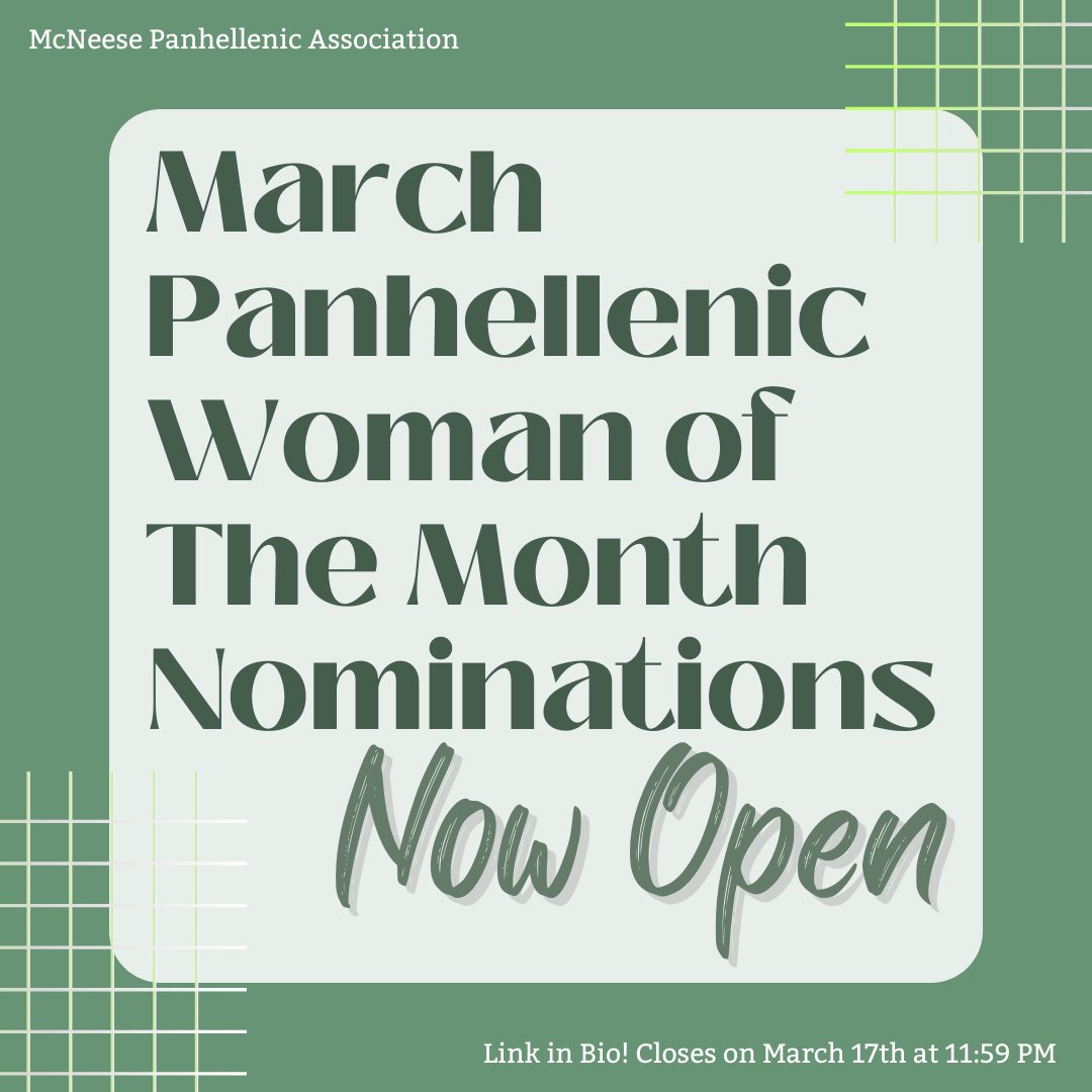 Nominate a sister for Panhellenic Woman of the Month! Panhellenic Woman of the Month shows her love for her chapter and Greek life through her actions and words! 🪴
Link in bio! Form closes on March 17th at 11:59 PM!