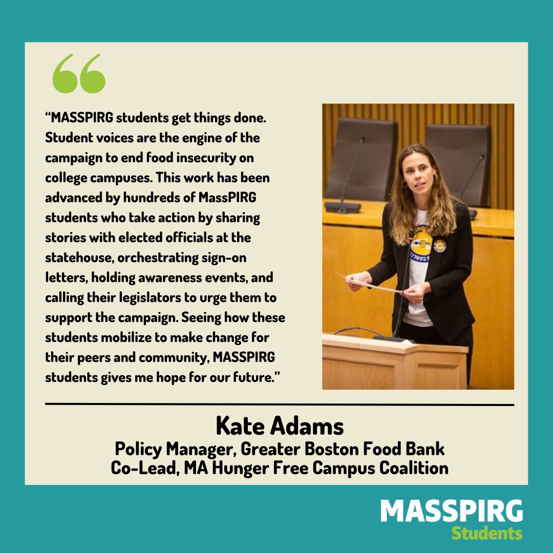 Thank you Kate Adams from <a href="/Gr8BosFoodBank/">The Greater Boston Food Bank</a> and <a href="/CollegeHungerMA/">MA Hunger Free Campus Coalition</a> for your support of MASSPIRG. Poll are open - vote YES for MASSPIRG in the <a href="/UMassSGA/">UMass SGA</a> elections now! masspirgstudents.org/umass-fee/
#VoteYESforMASSPIRG