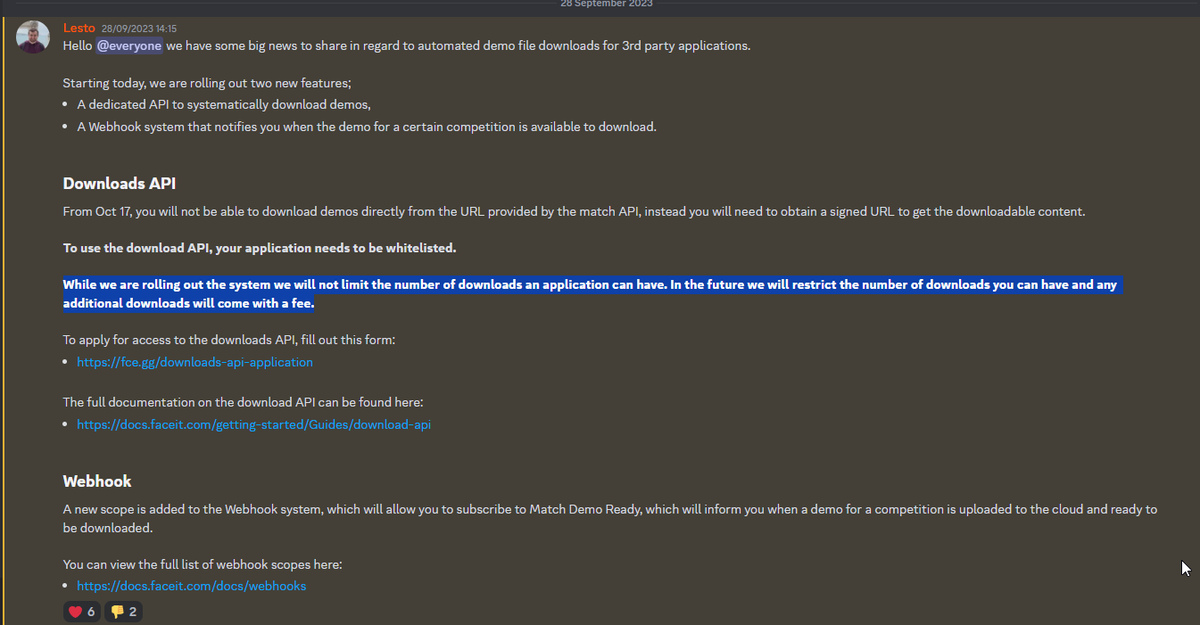 Nohte's tweet photo. I'm told FACEIT posted this in their developer Discord in September

- "While we are rolling out the system we will not limit the number of downloads an application can have. In the future we will restrict the number of downloads [...] any additional [DLs] will come with a fee." https://t.co/sH2FUCzlFj