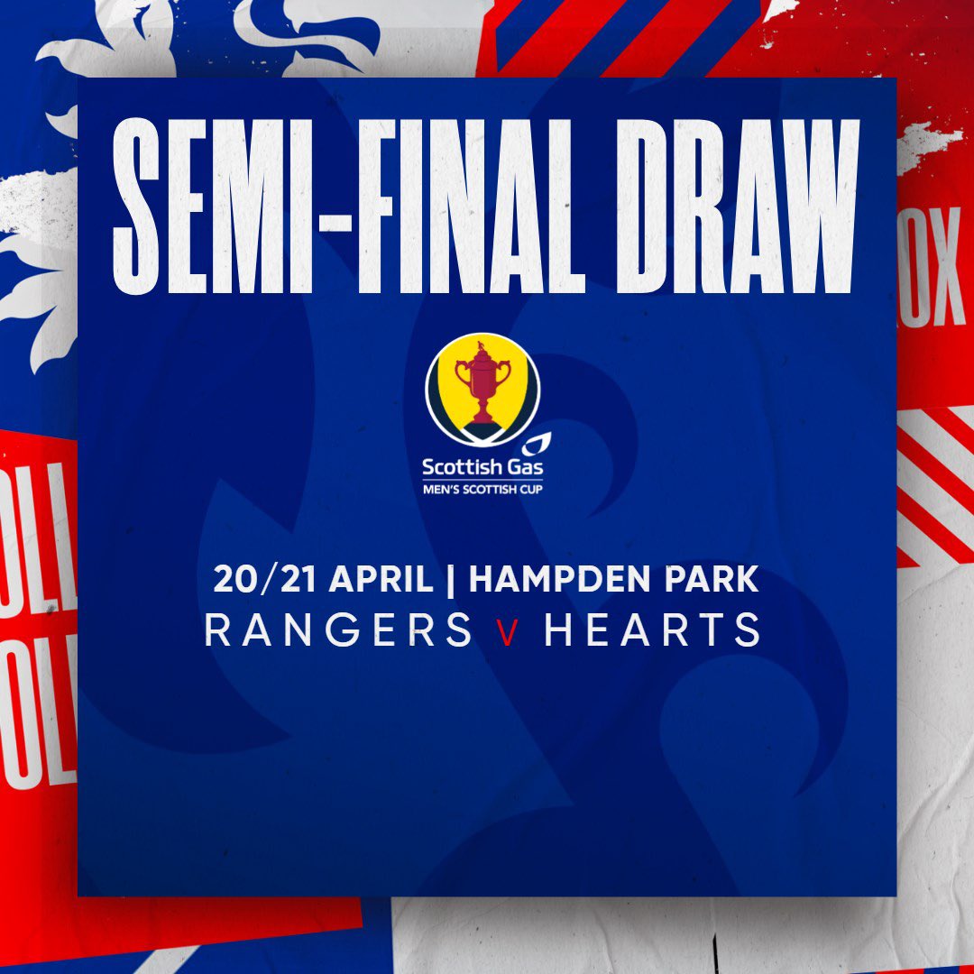 RangersFC's tweet photo. 🏆 CUP DRAW: We will face Hearts in the semi-final of the @ScottishCup.

📆 The tie will be played at Hampden Park on the weekend of 20/21 April. https://t.co/KvRYPc5nou