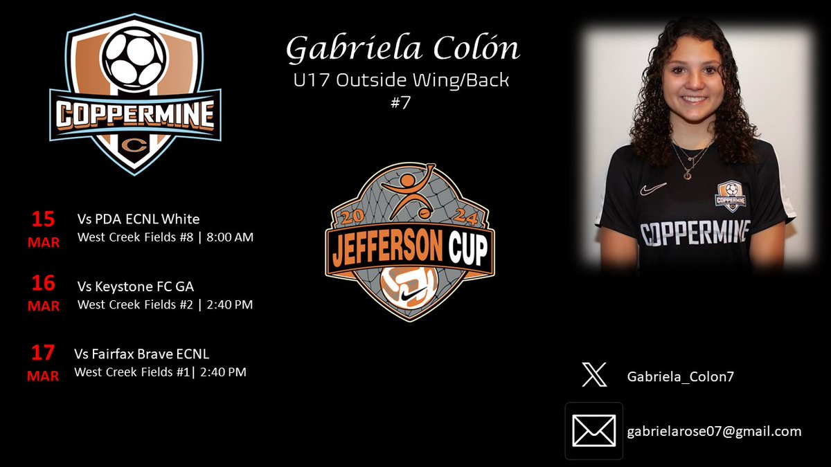 Gabriela Colón (@gabriela_colon7) on Twitter photo Jefferson Cup Showcase this weekend! Looking forward to being back out on the field! <a href="/CoppermineE6407/">Coppermine07/08GA</a> <a href="/DMVSoccer96/">DMV Soccer</a> <a href="/ImYouthSoccer/">ECNL/GA/Recruiting/College Soccer</a> @SoccerMomInt <a href="/TopPreps/">AI SEARCH - TOP PREPS AI SPORTS SEARCH ENGINE</a> <a href="/ImCollegeSoccer/">College Soccer Truth ™</a> <a href="/NcsaSoccer/">NCSA Soccer</a> <a href="/PrepSoccer/">Prep Soccer ⚽️</a> <a href="/BaltNGSoccer/">Baltimore's NextGen</a> @LR_Sports Jefferson Cup Showcase this weekend! Looking forward to being back out on the field! <a href="/CoppermineE6407/">Coppermine07/08GA</a> <a href="/DMVSoccer96/">DMV Soccer</a> <a href="/ImYouthSoccer/">ECNL/GA/Recruiting/College Soccer</a> @SoccerMomInt <a href="/TopPreps/">AI SEARCH - TOP PREPS AI SPORTS SEARCH ENGINE</a> <a href="/ImCollegeSoccer/">College Soccer Truth ™</a> <a href="/NcsaSoccer/">NCSA Soccer</a> <a href="/PrepSoccer/">Prep Soccer ⚽️</a> <a href="/BaltNGSoccer/">Baltimore's NextGen</a> @LR_Sports