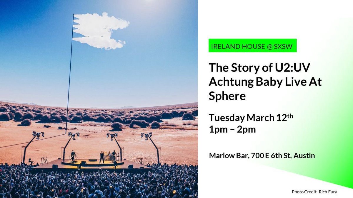 📆 Ireland House @sxsw Meet the key members of the technical team behind the pioneering ‘U2:UV Achtung Baby Live At Sphere’ as they discuss the creative process of designing and building this extraordinary show. schedule.sxsw.com/2024/events/OE…