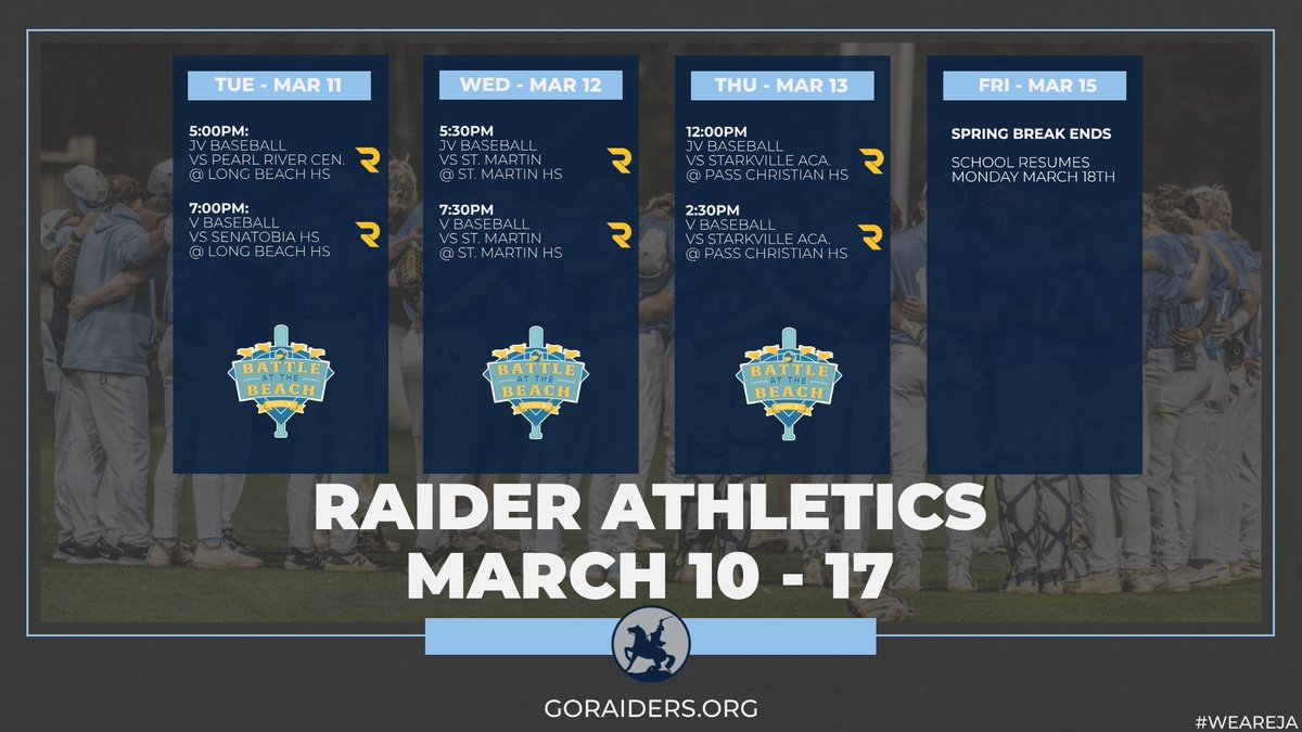 Here is the weekly schedule for all JA athletic events this week (March 11th - 18th). Remember, there is a Gold Raider Network R to show which events will be broadcast on The Raider Network. #WeAreJA
