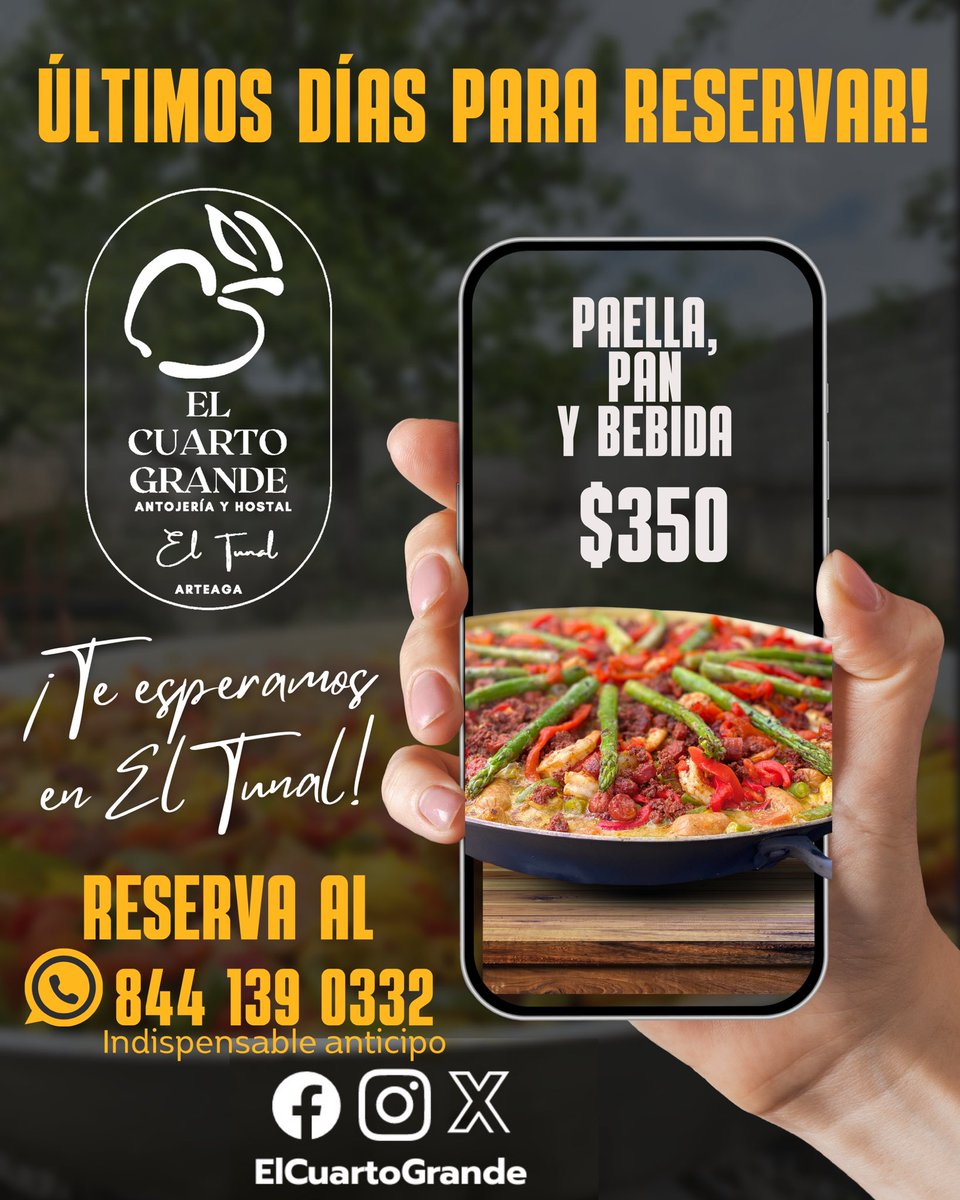 CuartoGrande's tweet photo. No te quedes con el antojo. ¡Reserva y disfruta nuestra paella! Ven y prueba nuestro pay de manzana con una taza de café, un capuccino o una té de yerbaniz. Tienes hasta el jueves 14 de marzo para reservar. ¡Te esperamos en El Tunal, Arteaga!

#Saltillo #NuevoLeón #Coahuila https://t.co/nwL7WDbQJd