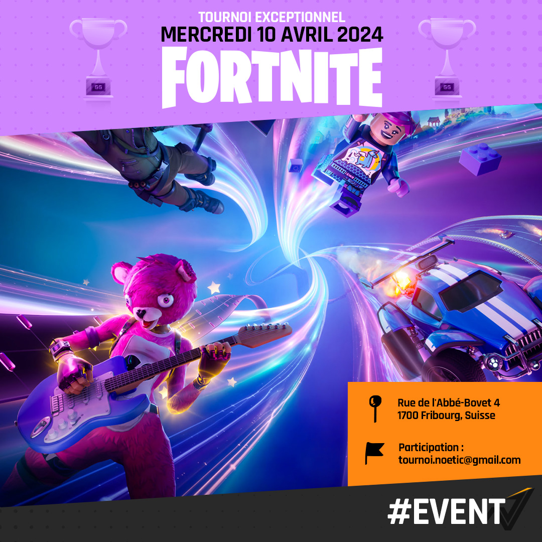 📷 TOURNOI FORTNITE EXCEPTIONNEL - Mercredi 10 Avril 2024 📷 Pour participer, envoyez-nous un email à 📷 tournoi.noetic@gmail.com avec les informations suivantes :
- Votre nom ou pseudo Fortnite
- Votre pseudo Discord