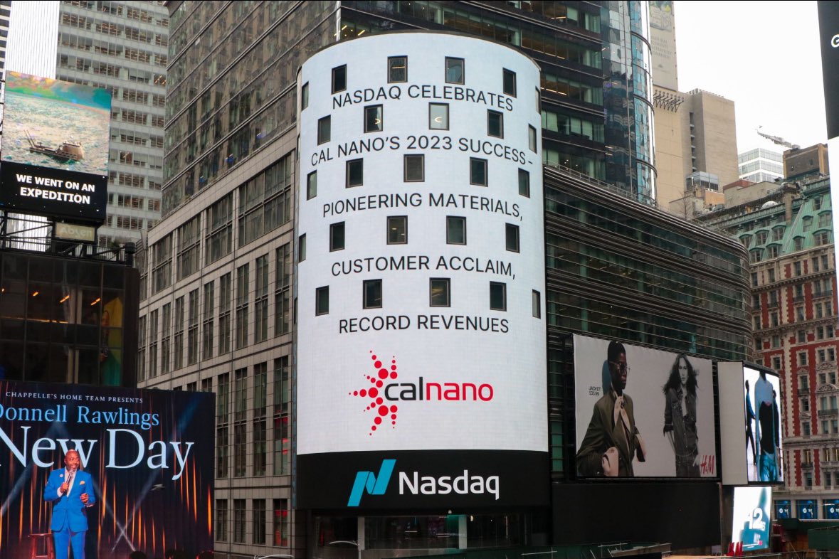 CalNanoCorp's tweet photo. 2023 was a standout year for us at Cal Nano 🚀! From new customers to breakthroughs in materials science with our Spark Plasma Sintering &amp; Cryomilling techs. Big shoutout to our team &amp; supporters! Also, we lit up NASDAQ in Times Square 🌟! Here's to innovating further! #CalNano https://t.co/BTyRxTQRtW