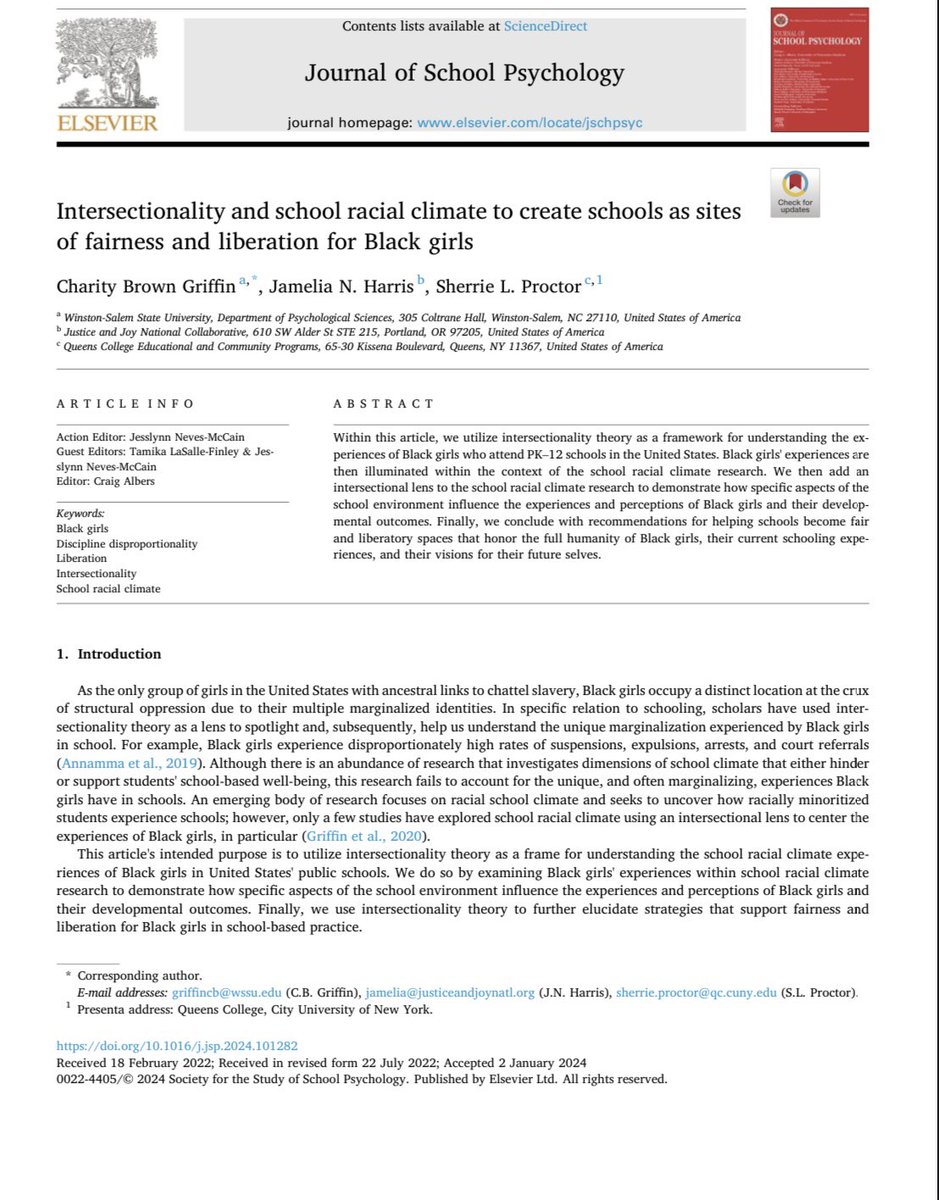 ✨New Article✨

“Intersectionality &amp; school racial climate to create schools as sites of fairness &amp; liberation for Black girls” 

by: <a href="/DrGPsyc/">Dr. Charity Brown Griffin, NCSP, LP</a> , myself,  &amp; <a href="/JustSchoolPsych/">JustSchoolPsychs</a> 

The article is open access til April 30th!

<a href="/citeblackwomen/">Cite Black Women.</a> <a href="/leaders_black/">Black Women Education Leaders, Inc.</a> 

🔗: tinyurl.com/mvrmmv44