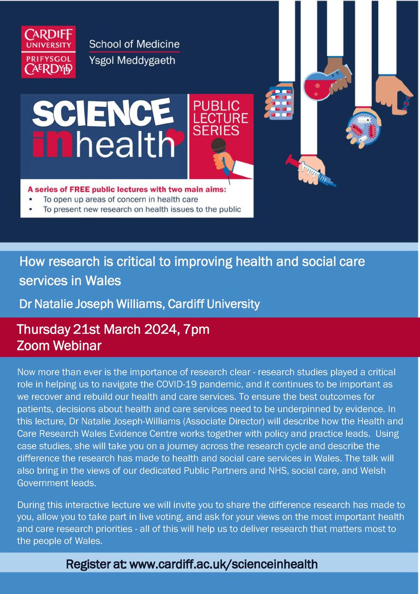 Please join me for my Science in Health Public Lecture Thursday 21st March at 7pm Register here: cardiff.zoom.us/webinar/regist… @EvidenceWales @PRIMECentre @DPMRes