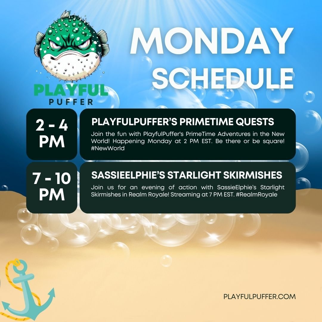 playfulpuffer's tweet photo. Kick off your week with an epic journey in New World. Stay tuned for a thrilling Realm Royale battle later in the evening. End your day with mysterious adventures in New World. Check out https://t.co/LfI94s1fgq for more! #NewWorld #RealmRoyale #TwitchStream https://t.co/eps979nzsw