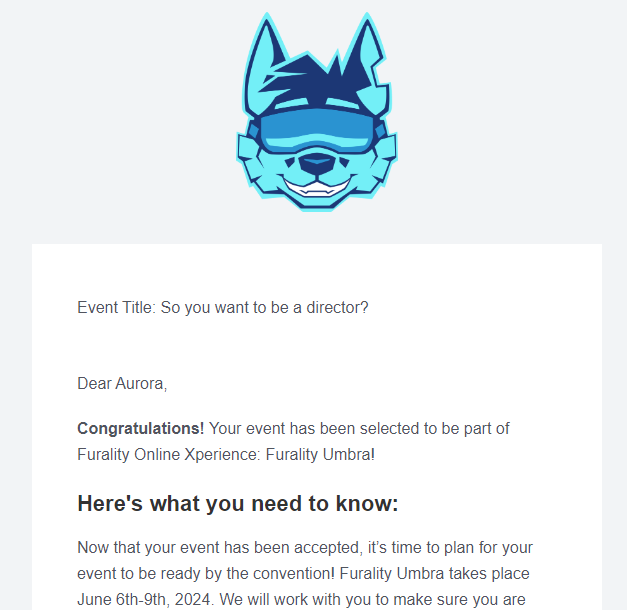 ThePurpleWicker's tweet photo. My panel for #FuralityUmbra was accepted :D

I'll be presenting with @AmbiguousVR and @ZachGregoire, talking about what we do as directors for @furality, and what our work looks like!

Date and time, TBA but I am excited! https://t.co/tcNFDZsW3T