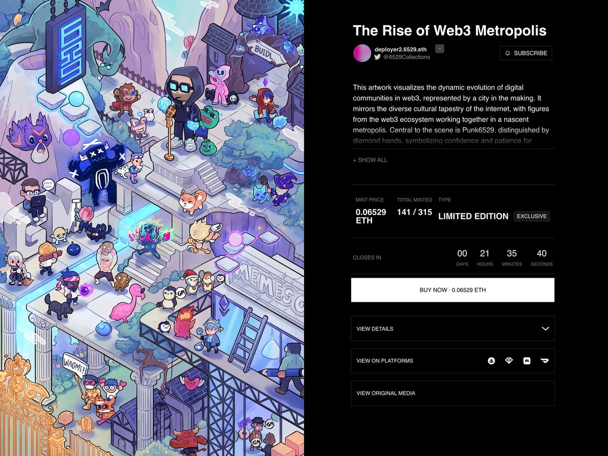 Meme Card #210 <a href="/punk6529/">6529</a> 
“The Rise of Web3 Metropolis” 💎

I'd like to chronicle the Web3 community we've built over time. For this paradise We are ready for a bull market.

21.30 hours left ⏳
Public mint start! 

Link below