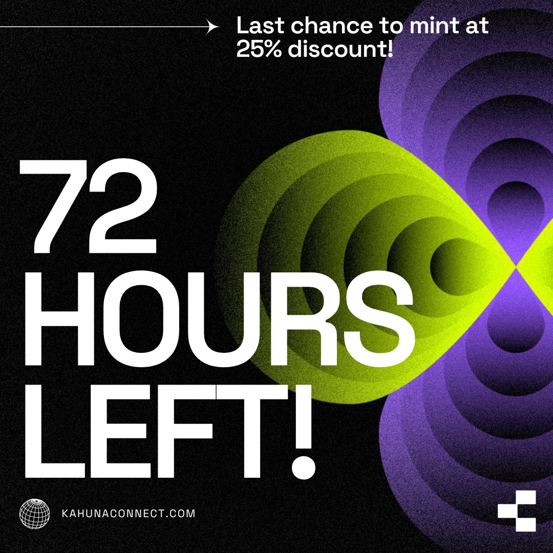 kahuna_connect's tweet photo. Minted yet?

We will only open the 25% discount link for the next 72 hours! 

This window will be the last chance for you to get the Kahuna Connect Wave One NFT at 56.25 Matic! 

Mint here:
https://t.co/m9fC5VxZZI

FOMO in now! 

#Kahuna #Crypto #NFT #Polygon #Matic #NFT #PassiveIncome