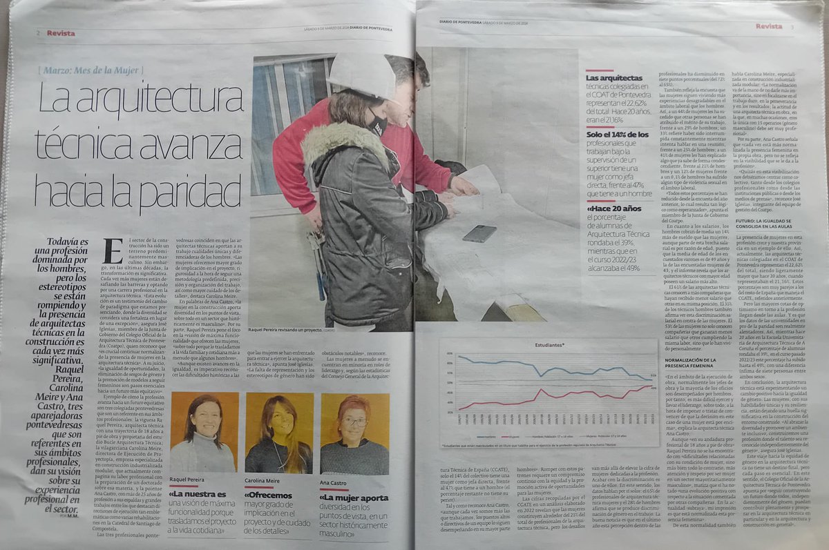 🗞️👷🏽‍♀️No marco do #8M, <a href="/Diario_Pontev/">Diario de Pontevedra</a>, publicou unha reportaxe sobre as mulleres arquitectas técnicas en #Pontevedra. 
☑️E na reportaxe, ademáis de <a href="/CGObras/">Jose Iglesias (CGO)</a>, membro da Xunta de Goberno do @Coatpo, falan tres profesionais de referencia: Raquel Pereira, Carolina Meire e Ana Castro.