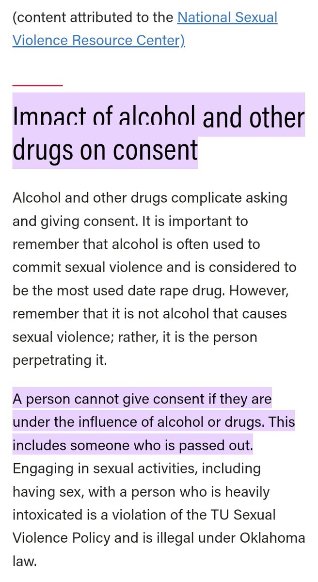 bioloveds's tweet photo. Alcohol and Drug Foundation and University of Tusla (quoting the NSVRC)

"a person CANNOT give consent if they are under the infuence drugs or alcohol"

"consent must be reversible at any time, consent is not a one-off it needs to be an ONGOING AGREEMENT" https://t.co/O7m1FmtkWY